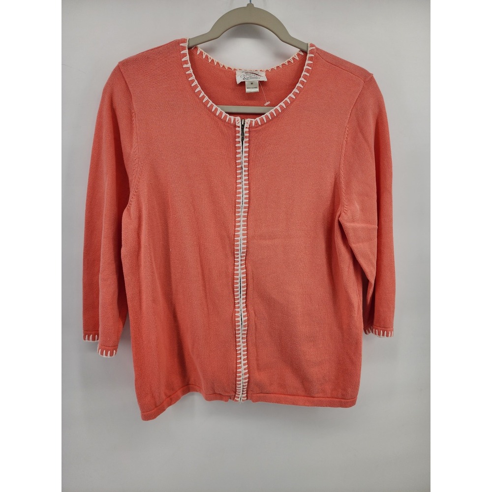 Christopher & Banks Coral Pink Zip Front Cardigan Sweater Blanket Stitch M